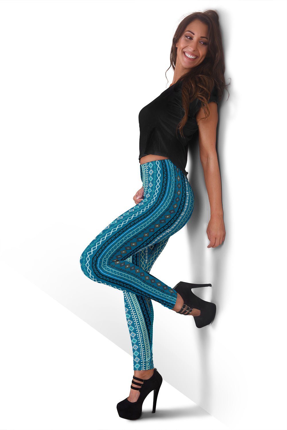 Light Green Teal Boho Stripes Leggings