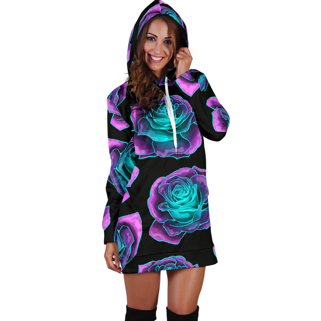 Neon Roses Womens Hoodie Dress