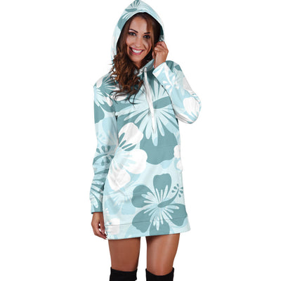 Light Green Teal Aloha Flowers Womens Hoodie Dress