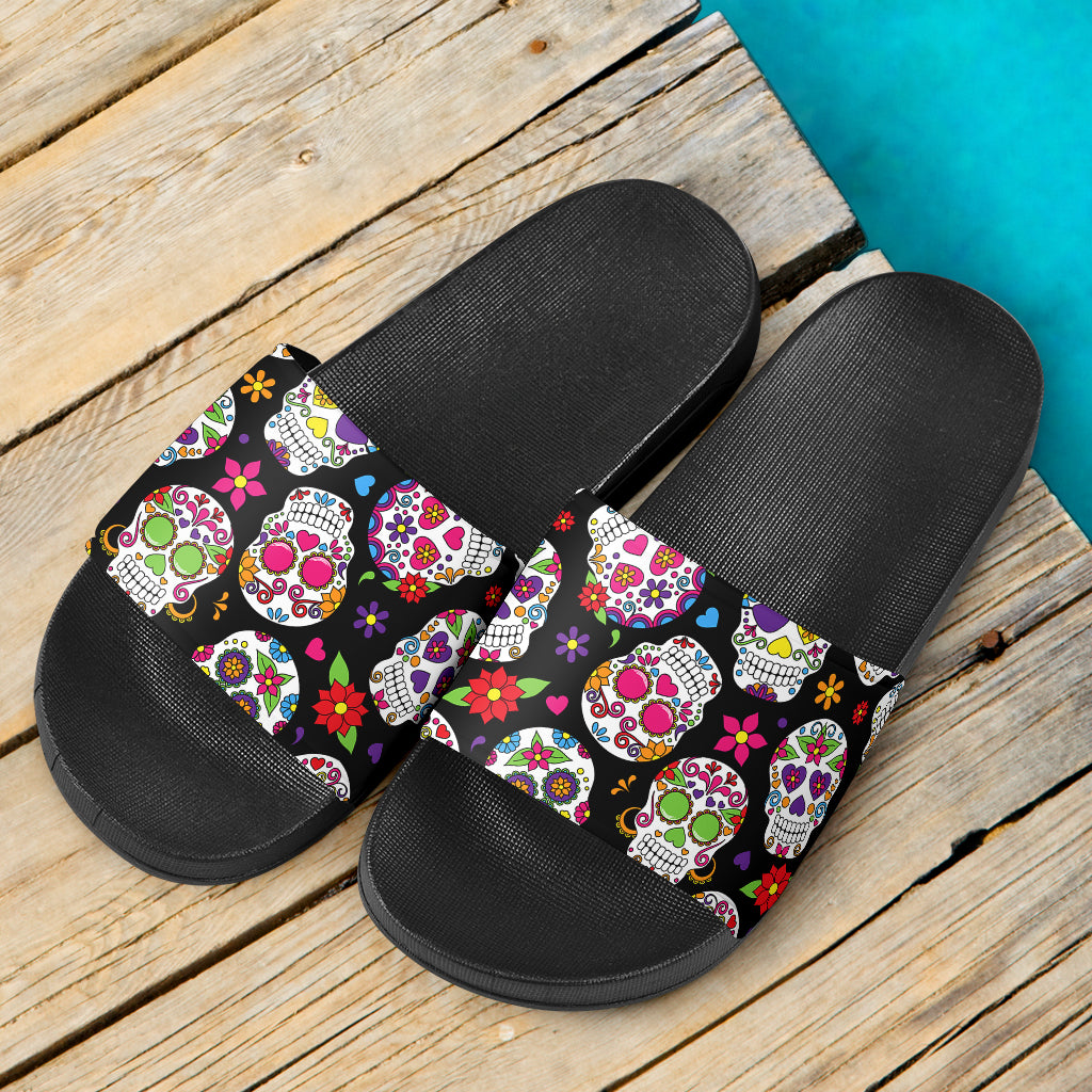 Colorful Sugar Skulls Slide Sandals
