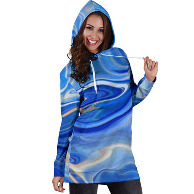 Blue Marble Print Womens Hoodie Dress