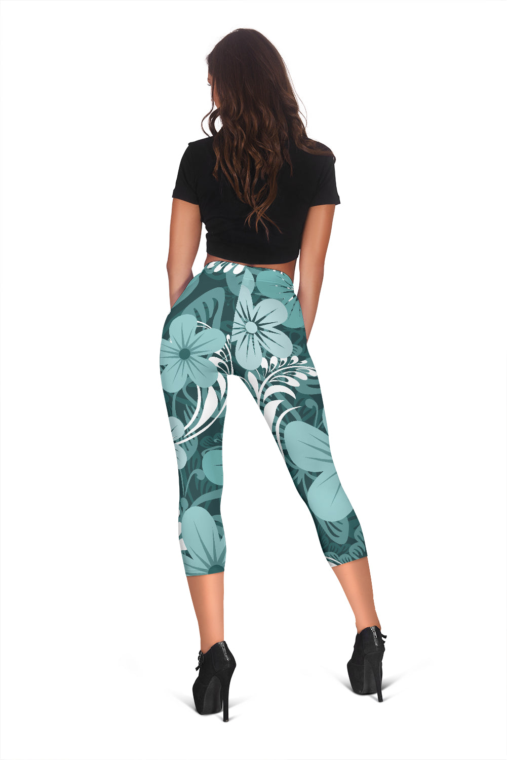Light Green Teal Aloha Flowers Capri Leggings