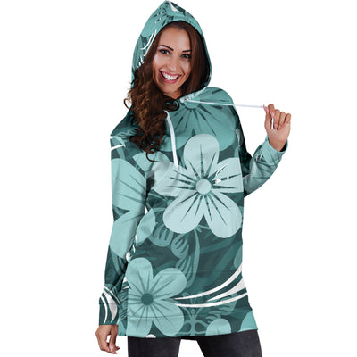 Teal Green Aloha Flowers Womens Hoodie Dress