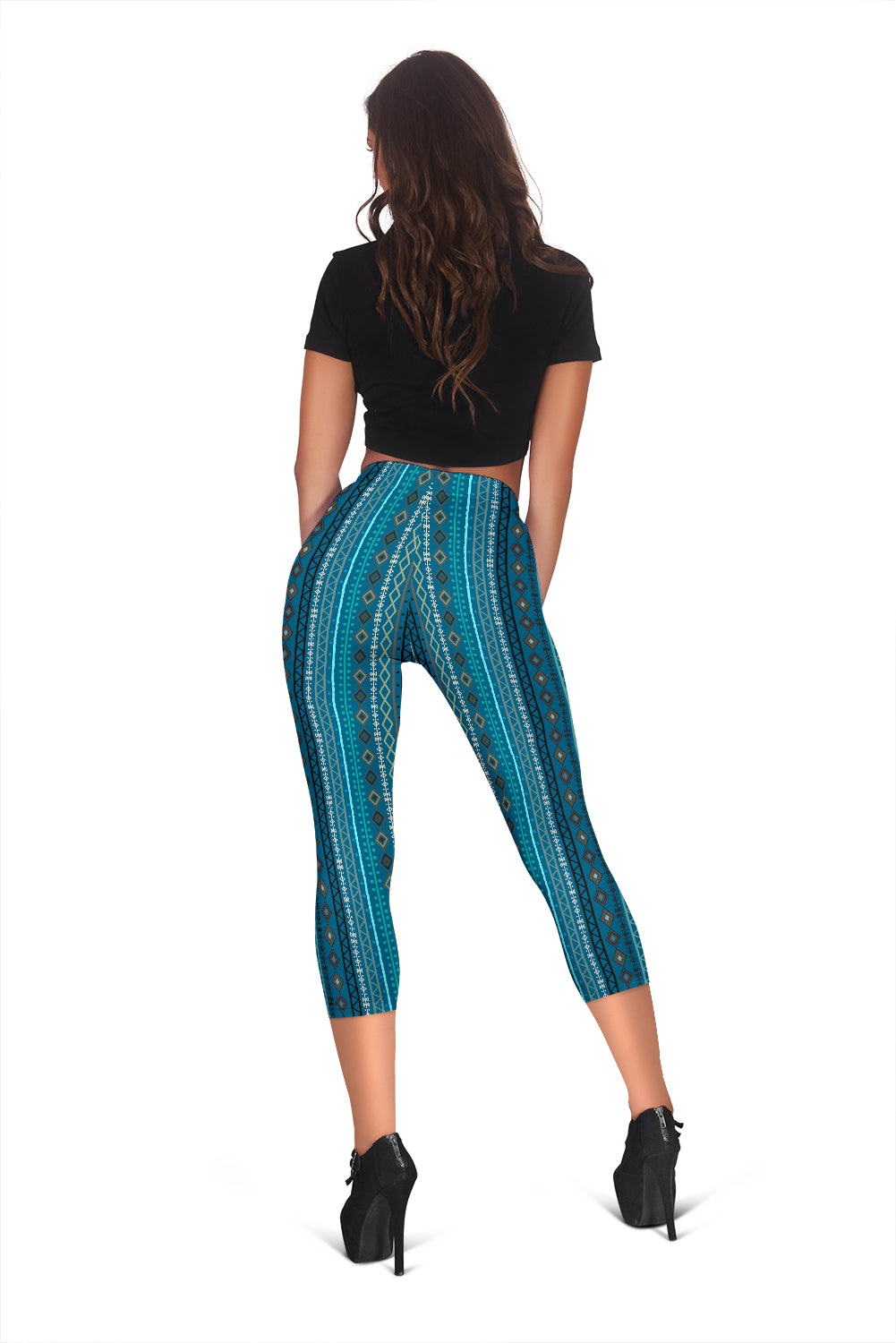 Light Green Teal Boho Stripes Capri Leggings