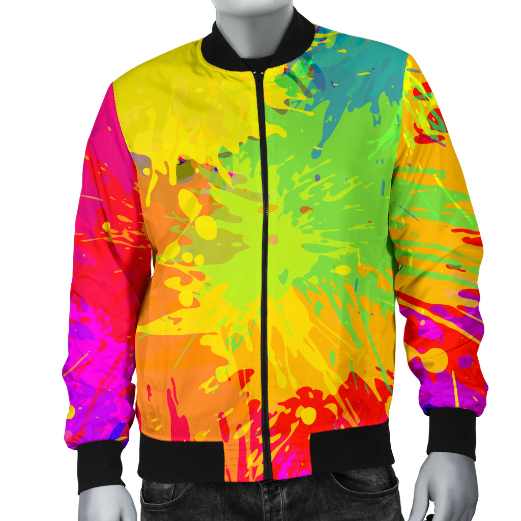 Mens Colorful Paint Splatter Abstract Art Bomber Jacket