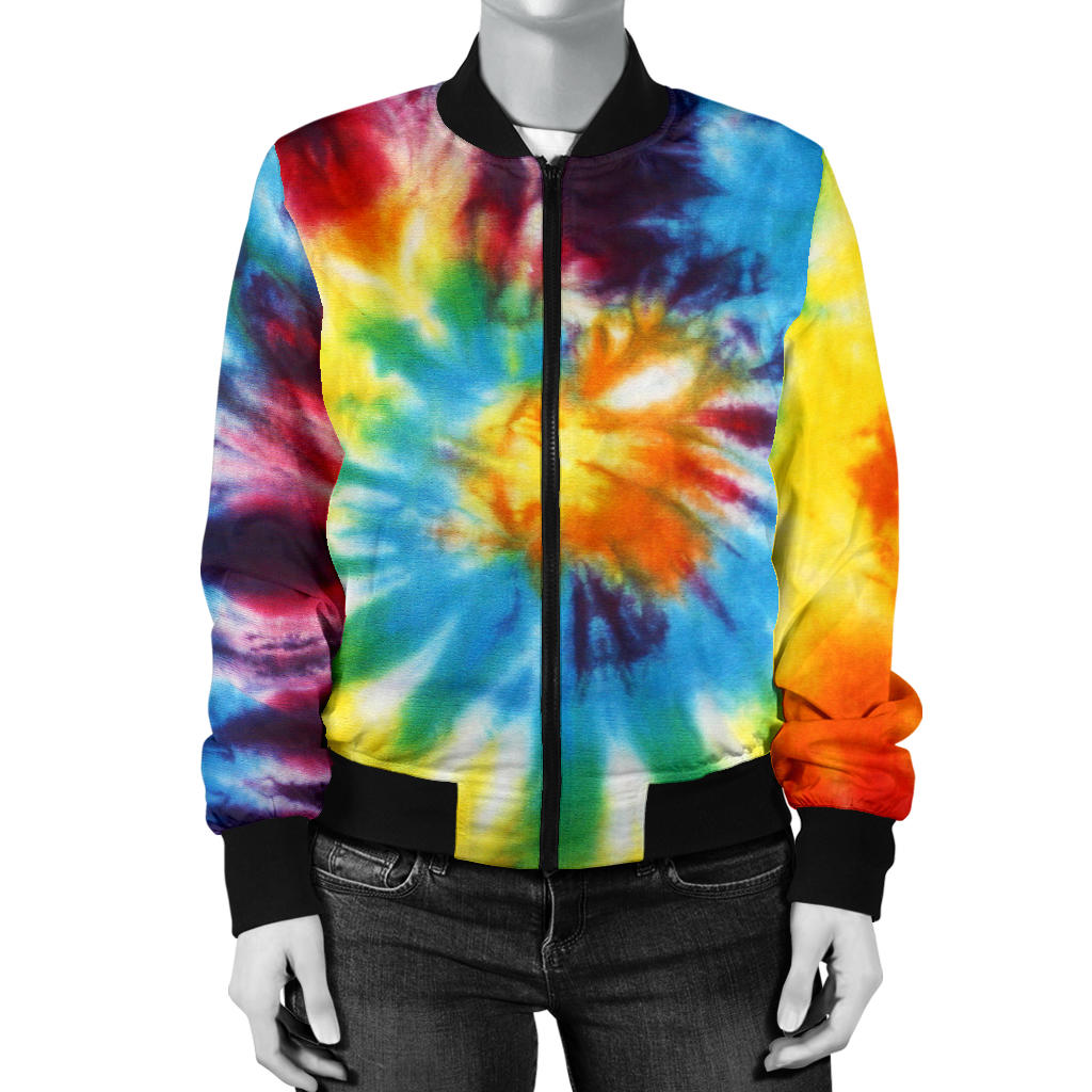 Womens Colorful Tie Dye Abstract Art Bomber Jacket