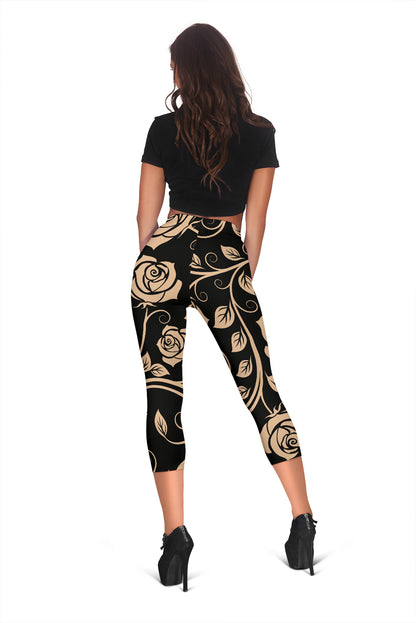 Tan Roses Decor Capri Leggings
