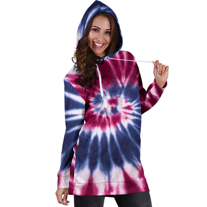 Red, White & Blue Tie Dye Spiral Womens Hoodie Dress