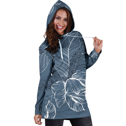 Grey Floral Outline Womens Hoodie Dress