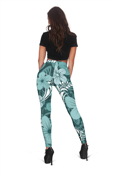 Light Green Teal Aloha Flowers Leggings