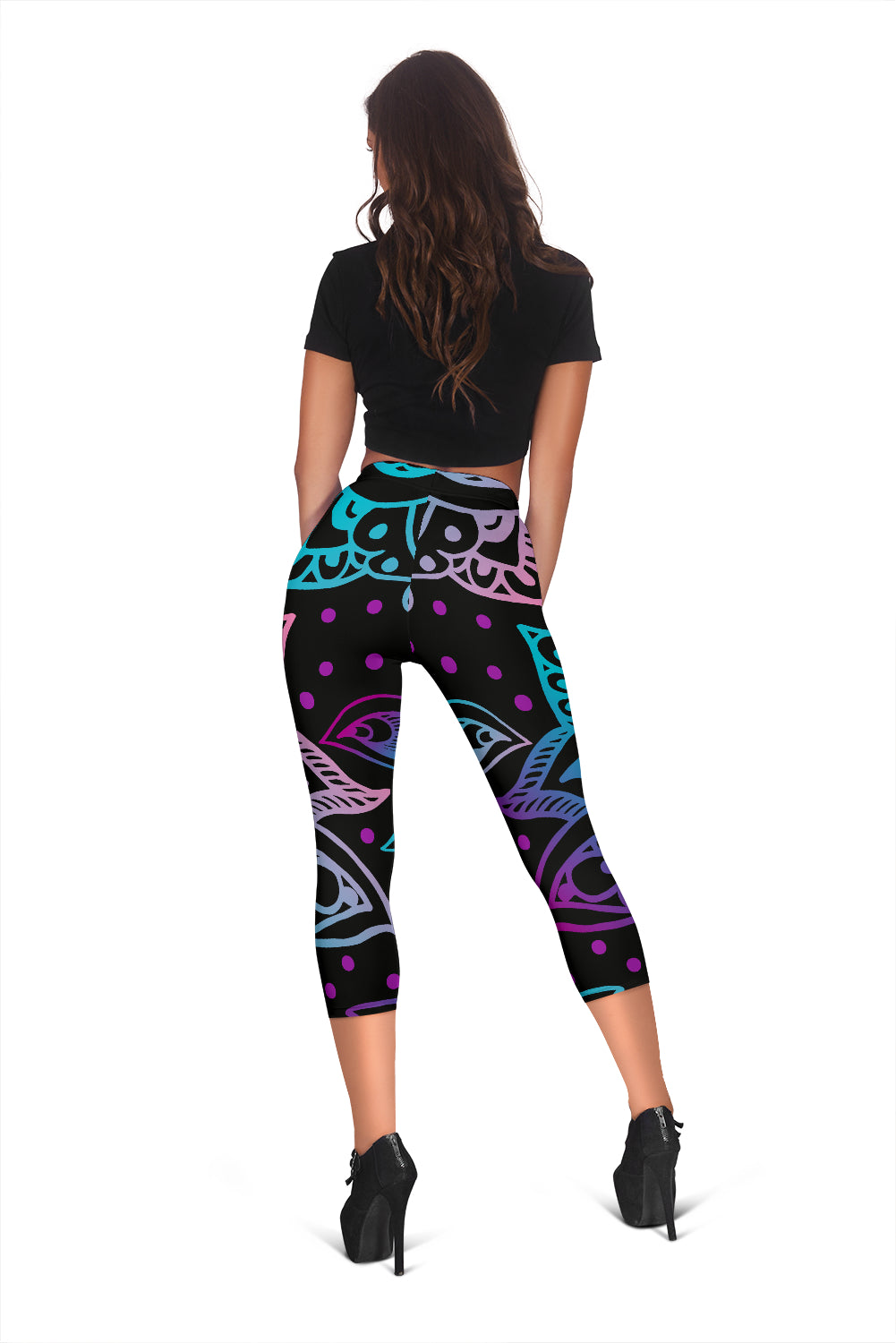 Black & Purple Lotus Decor Capri Leggings