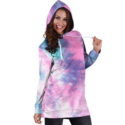 Blue & Pink Cotton Candy Tie Dye Print Hoodie Dress