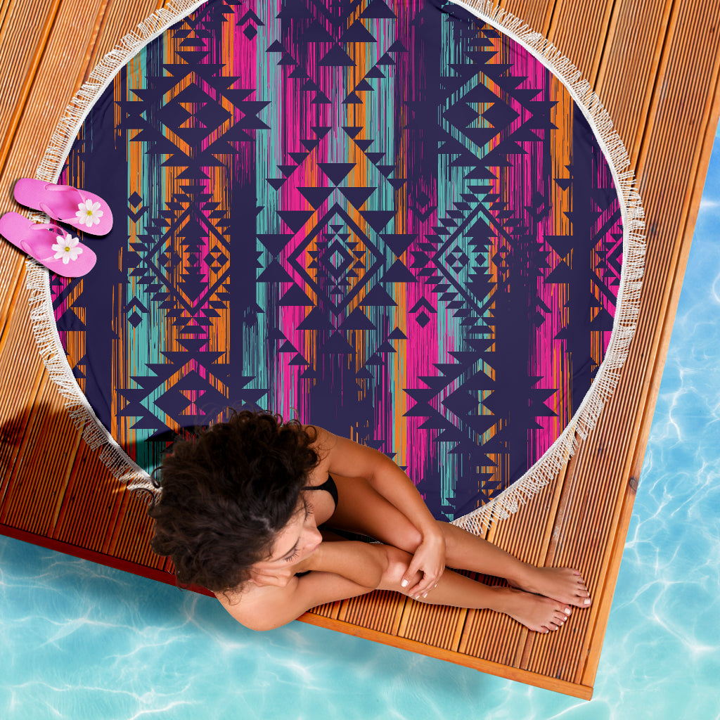 Colorful Boho Aztec Streaks Round Beach Blanket