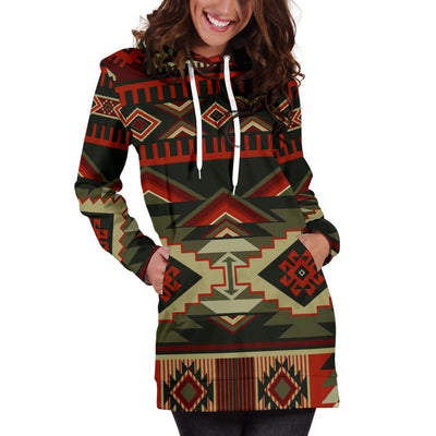 Red & Brown Boho Aztec Womens Hoodie Dress