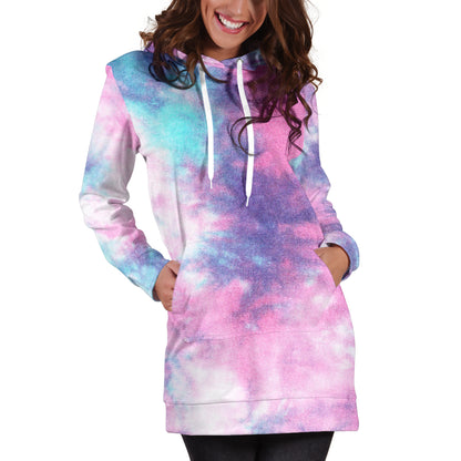 Blue & Pink Cotton Candy Tie Dye Print Hoodie Dress