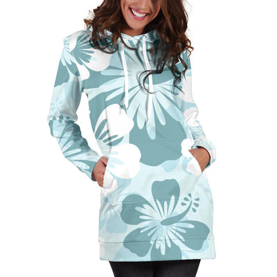 Light Green Teal Aloha Flowers Womens Hoodie Dress