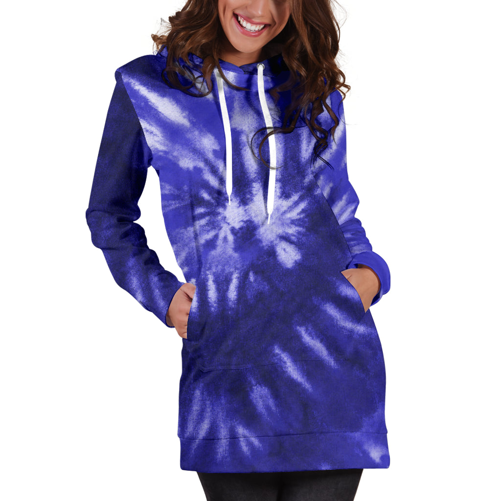 Royal Blue Tie Dye Print Womens Hoodie Dress
