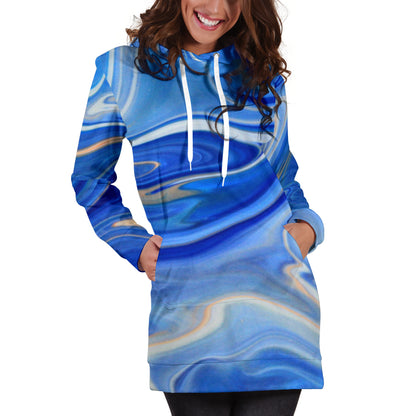 Blue Marble Print Womens Hoodie Dress