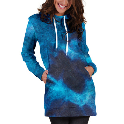 Blue Tie Dye Print Grunge Womens Hoodie Dress