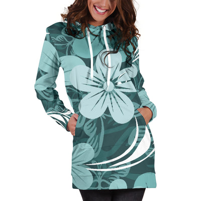 Teal Green Aloha Flowers Womens Hoodie Dress