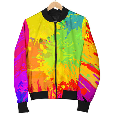 Womens Colorful Paint Splatter Abstract Art Bomber Jacket