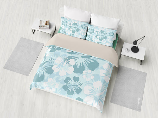 Light Green Teal Aloha Flowers Bedding Set