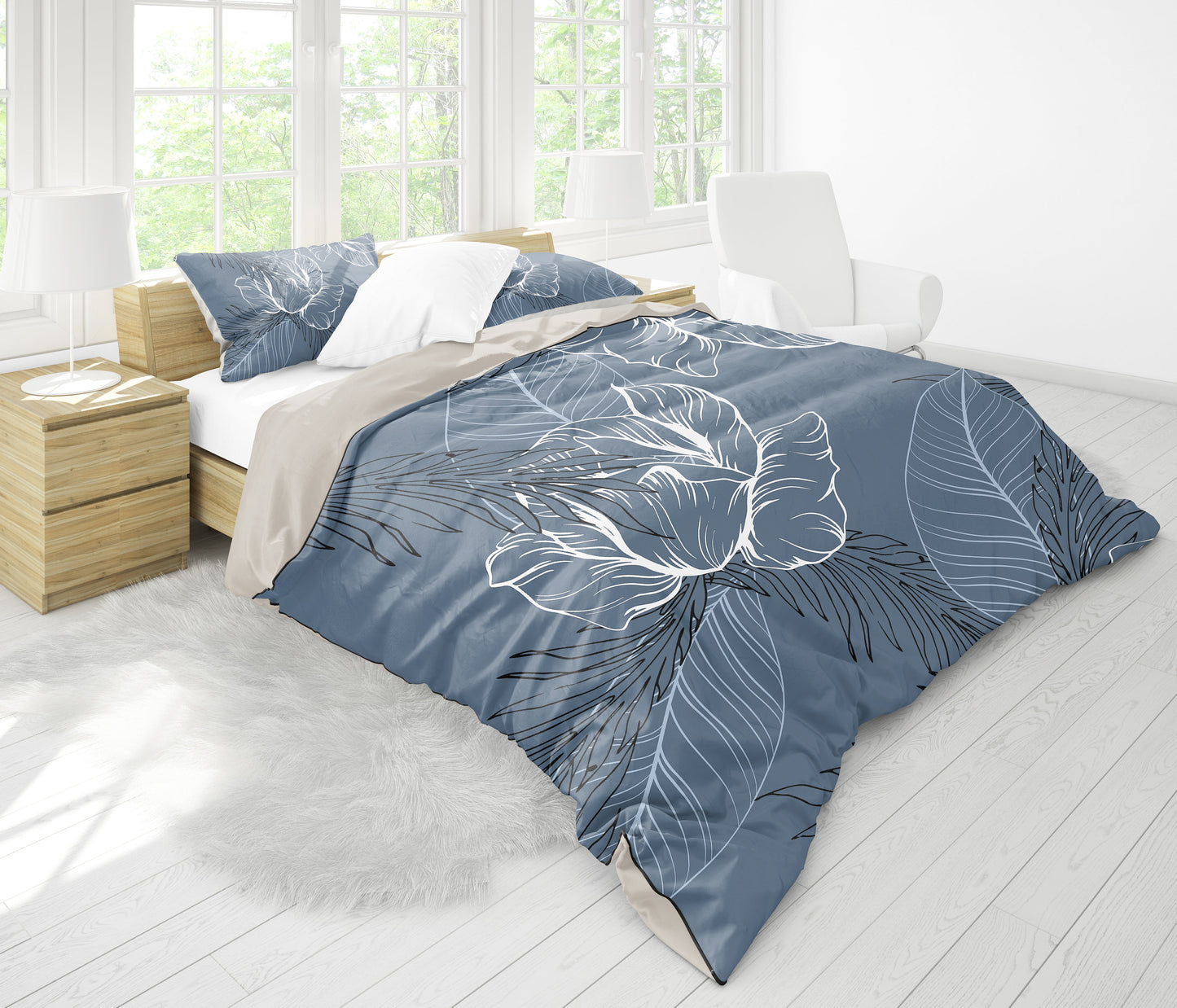 Grey Floral Outline Bedding Set