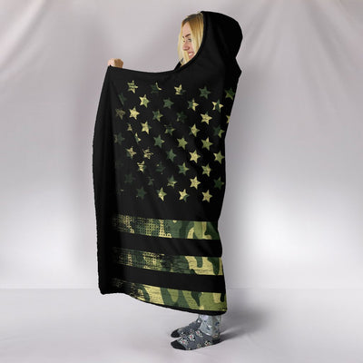 Army Green Camouflage American Flag Hooded Blanket
