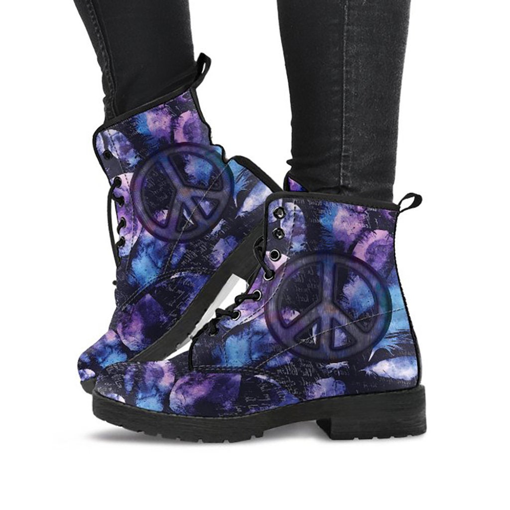 Blue Purple Peace Sign Feathers Womens Boots