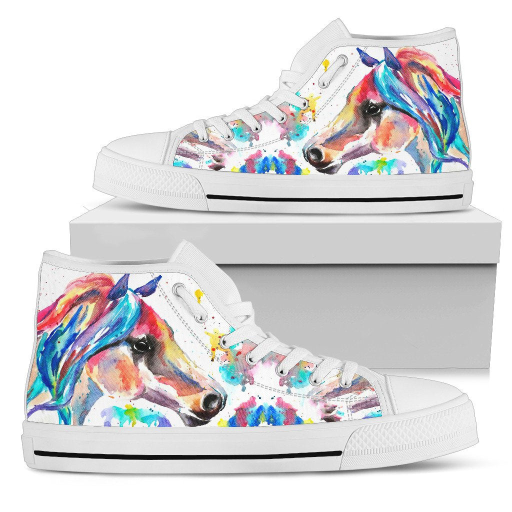 Colorful Watercolor Horse High Top Shoes (White)