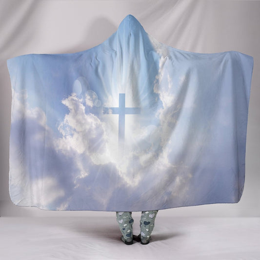 Ligh Blue Cross in Clouds Hooded Blanket