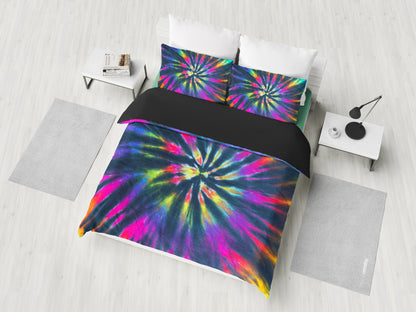 Colorful Neon Tie Dye Print Black Bedding Set