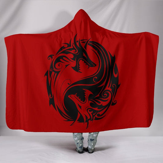 Red Yin Yang Dragons Hooded Blanket