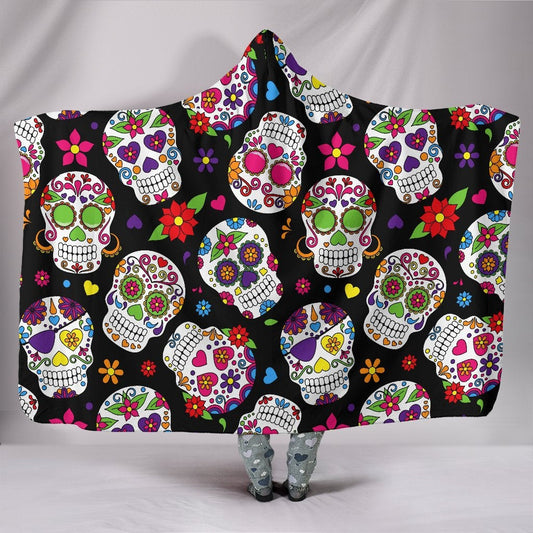 Colorful Sugar Skulls Hooded Blanket