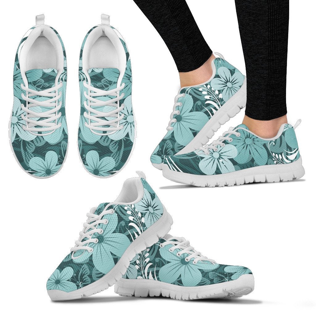 Light Green Teal Aloha Flowers Sneakers