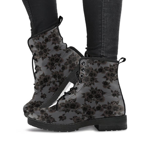 Dark Grey Floral Decor Womens Boots