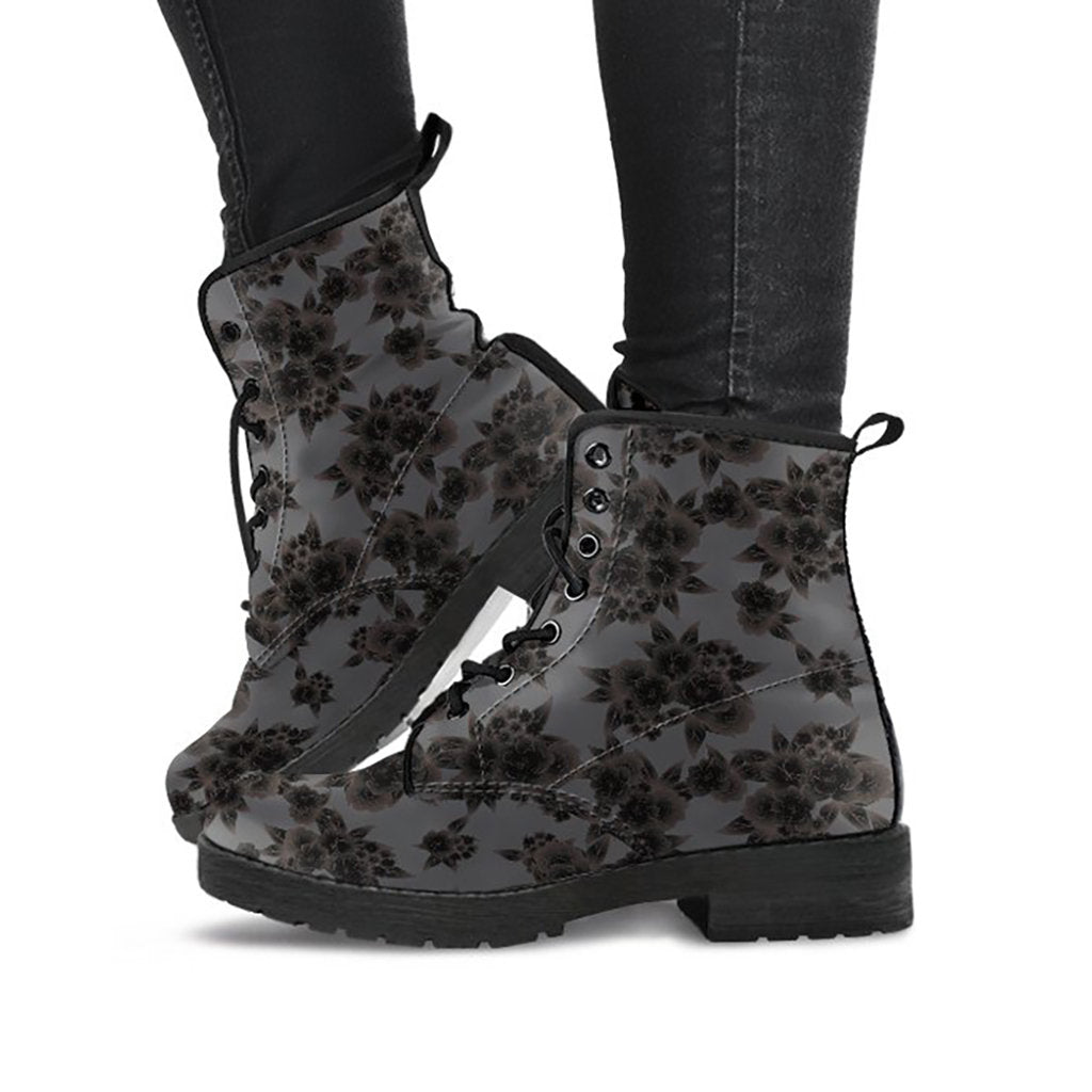 Dark Grey Floral Decor Womens Boots