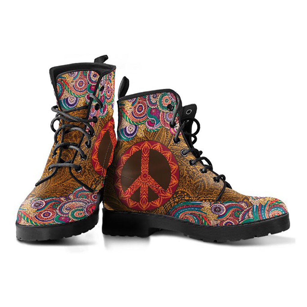 Brown Funky Peace Sign Mandalas Decor Womens Boots