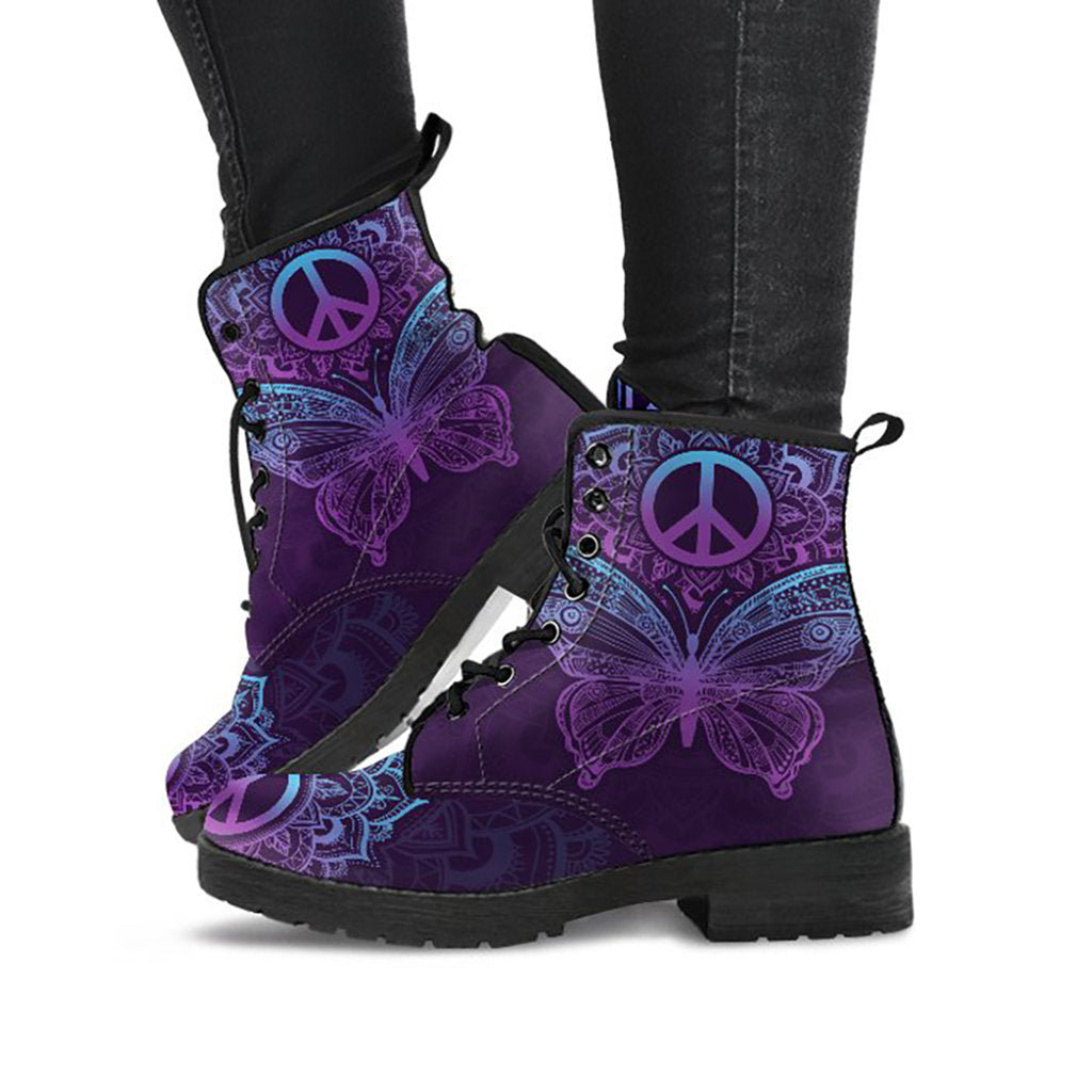 Purple Butterfly Peace Sign Mandala Womens Boots