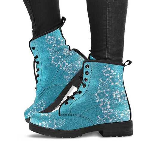 Light Blue Green Teal Floral Womens Boots