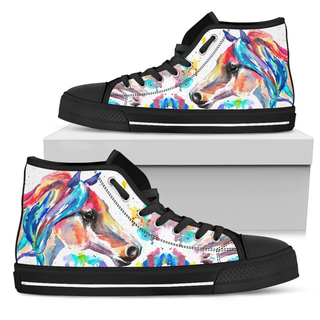 Colorful Watercolor Horse High Top Shoes (Black)