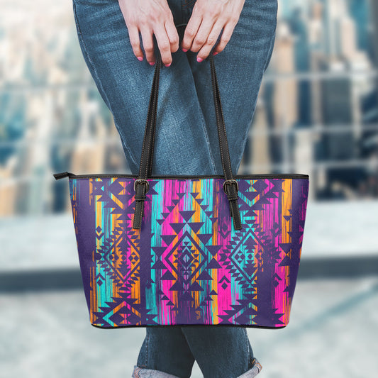 Colorful Boho Aztec Streaks Leather Tote Bag
