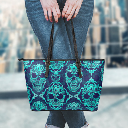 Green Skulls Pattern Leather Tote Bag