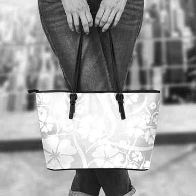Grey Floral Decor Leather Tote Bag