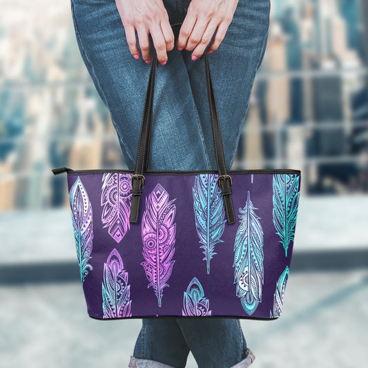 Neon Pink Feathers Leather Tote Bag