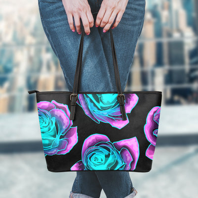 Neon Pink Roses Leather Tote Bag