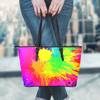 Colorful Paint Splatter Abstract Art Leather Tote Bag