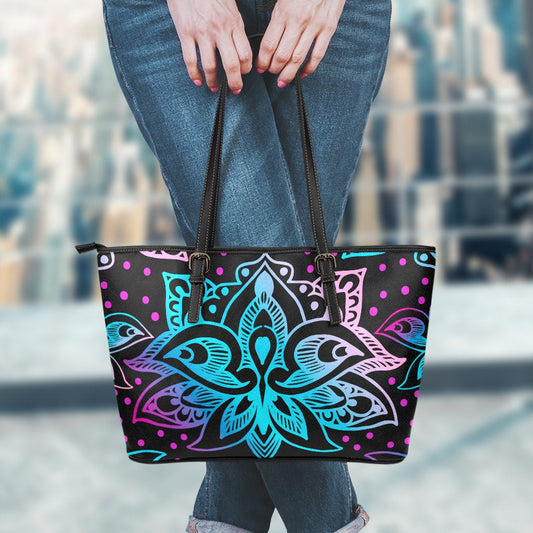 Pink & Purple Lotus Decor Leather Tote Bag