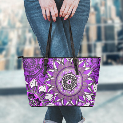 Purple Floral Mandalas Leather Tote Bag