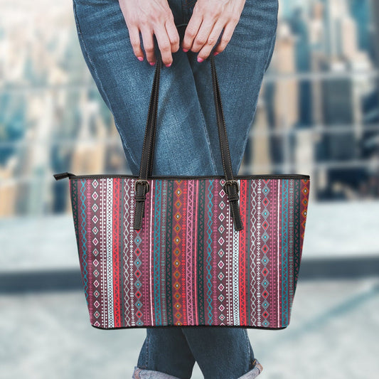 Red Boho Stripes Decor Leather Tote Bag